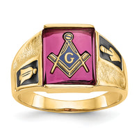 14k Men's Textured w/ Black Enamel & Lab Cr. Ruby Masonic Ring-Y4092M
