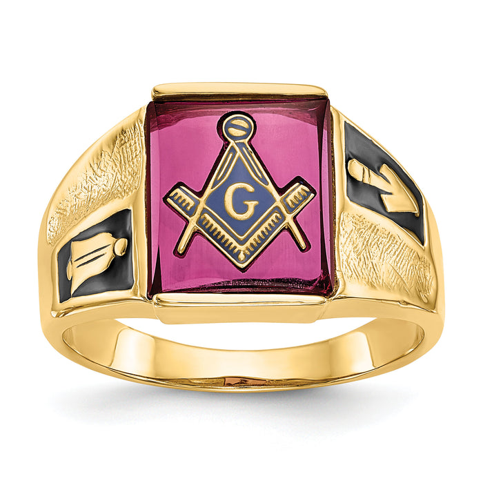14k Men's Textured w/ Black Enamel & Lab Cr. Ruby Masonic Ring-Y4092M