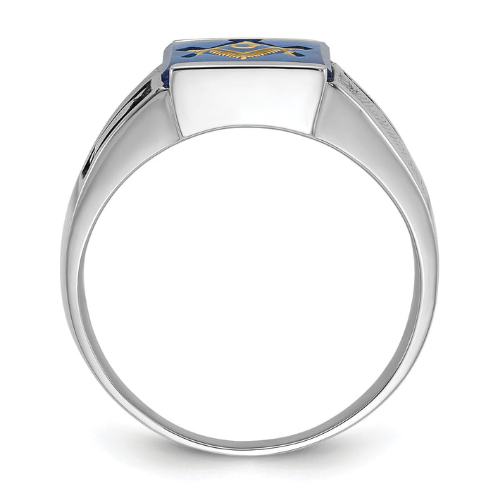 14kw Men's Textured w/ Black Enamel & Imit. Blue Spinel Masonic Ring-Y4093M