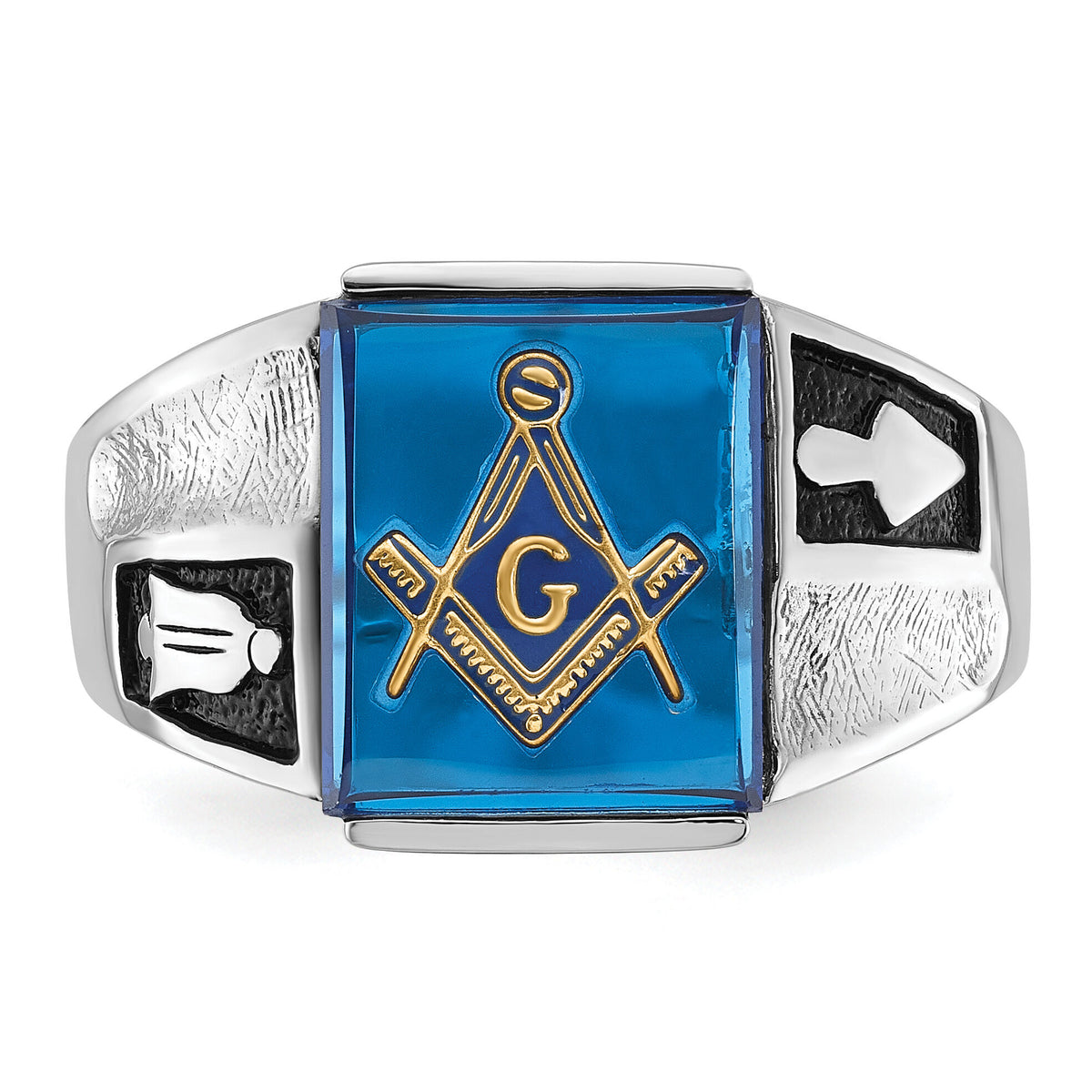 14kw Men's Textured w/ Black Enamel & Imit. Blue Spinel Masonic Ring-Y4093M