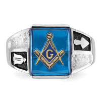 14kw Men's Textured w/ Black Enamel & Imit. Blue Spinel Masonic Ring-Y4093M
