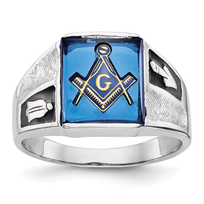 14kw Men's Textured w/ Black Enamel & Imit. Blue Spinel Masonic Ring-Y4093M