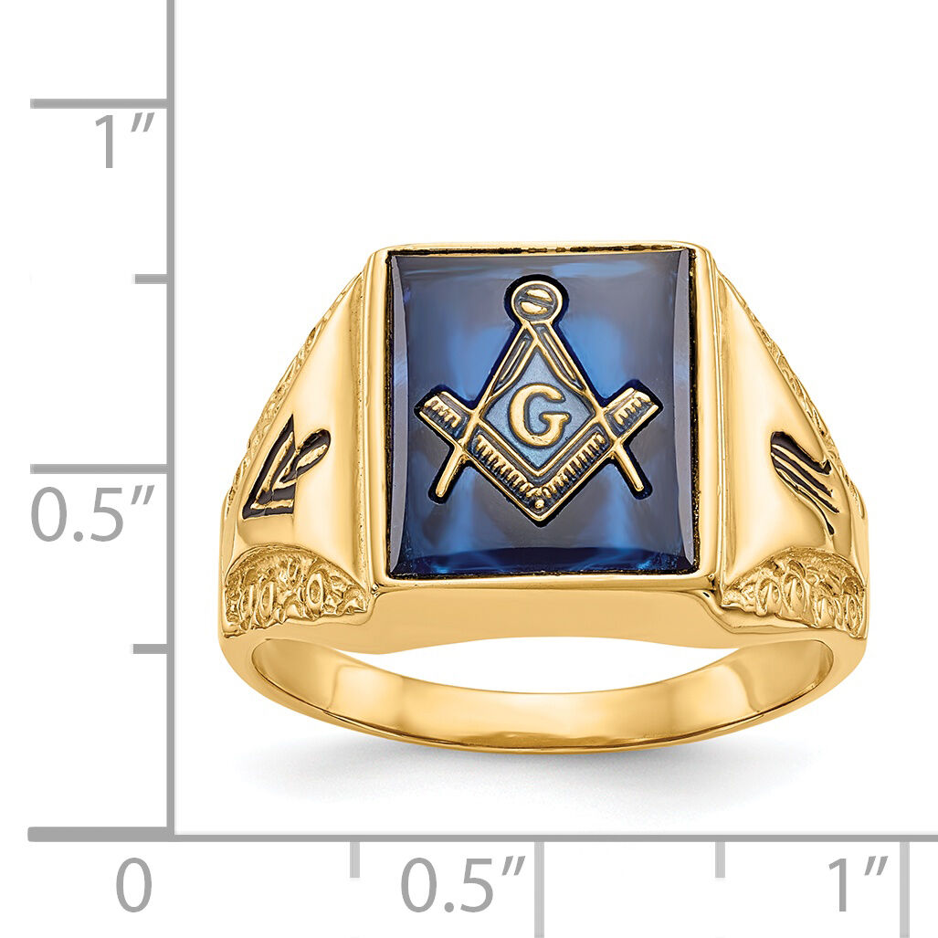 14k Men's Antiqued & Textured with Imit. Blue Spinel Masonic Ring-Y4094M
