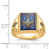 14k Men's Antiqued & Textured with Imit. Blue Spinel Masonic Ring-Y4094M