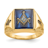 14k Men's Antiqued & Textured with Imit. Blue Spinel Masonic Ring-Y4094M