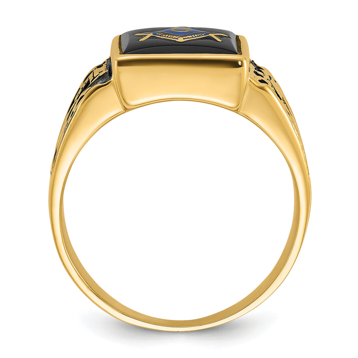 14k Men's Polished & Textured w/ Black Enamel & Onyx Masonic Ring-Y4096M