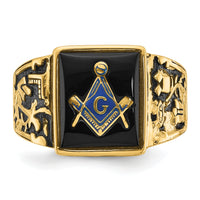 14k Men's Polished & Textured w/ Black Enamel & Onyx Masonic Ring-Y4096M