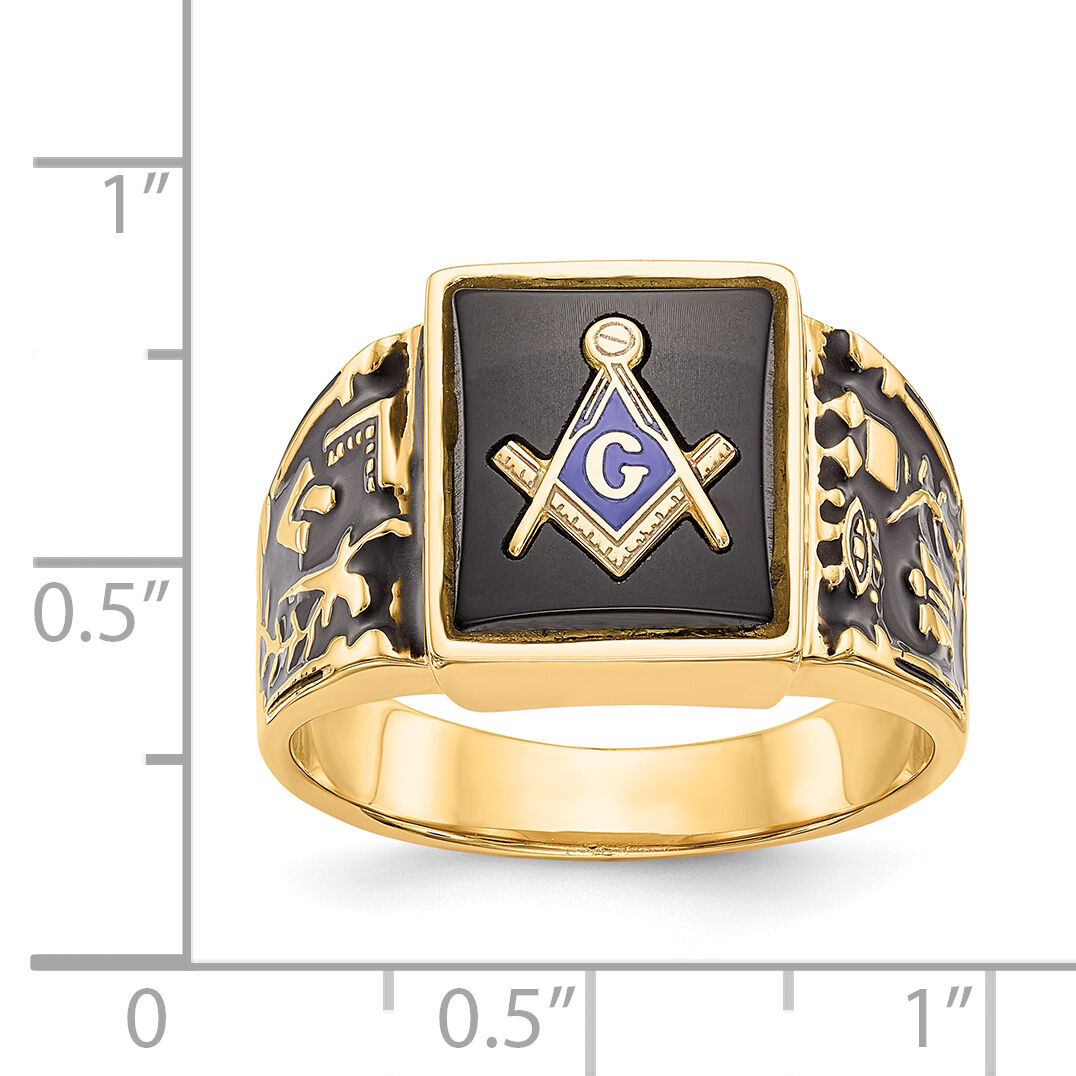 14k Men's Polished & Textured w/ Black Enamel & Onyx Masonic Ring-Y4096M
