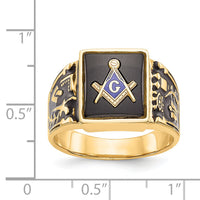 14k Men's Polished & Textured w/ Black Enamel & Onyx Masonic Ring-Y4096M