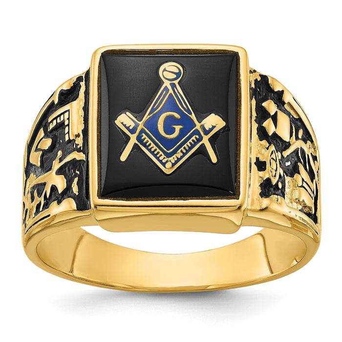 14k Men's Polished & Textured w/ Black Enamel & Onyx Masonic Ring-Y4096M