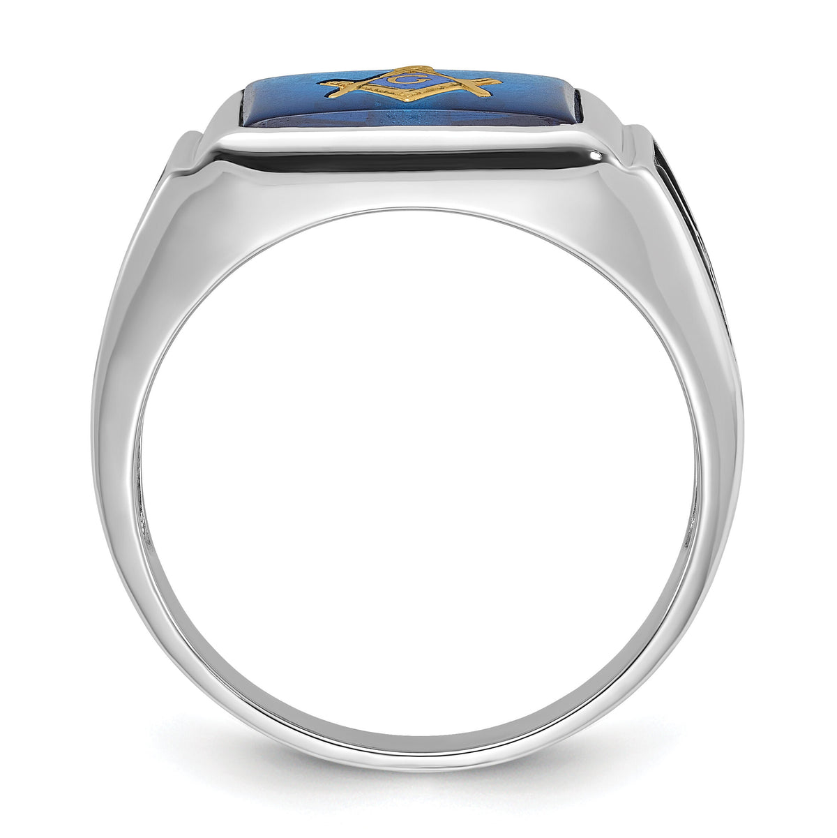 14kw Men's Textured w/ Black Enamel & Imit. Blue Spinel Masonic Ring-Y4109M