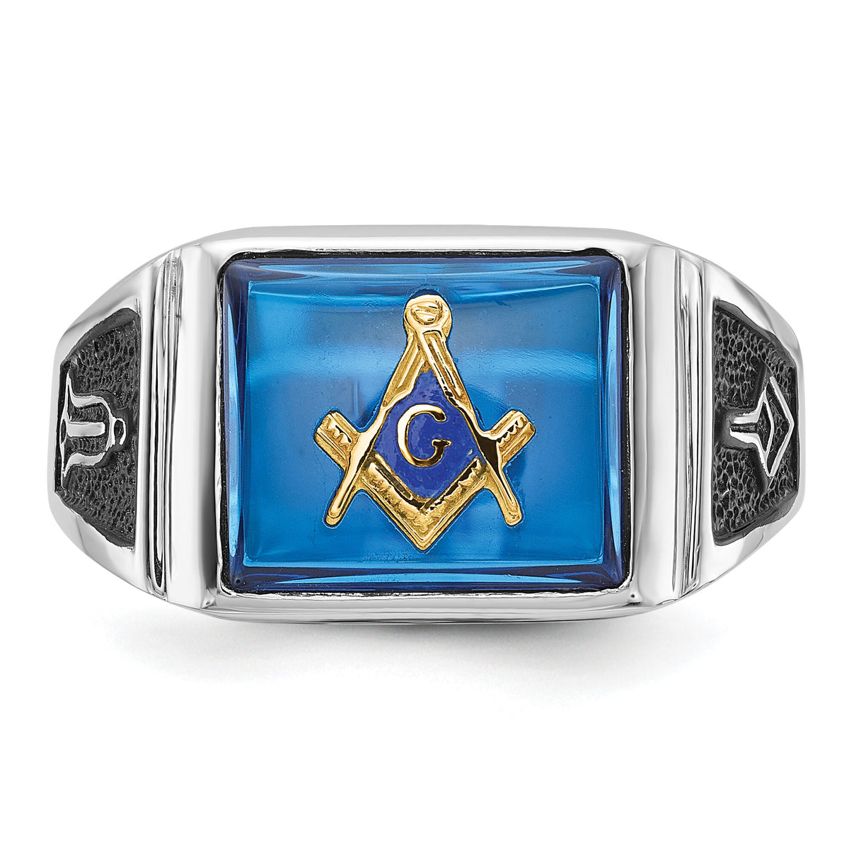 14kw Men's Textured w/ Black Enamel & Imit. Blue Spinel Masonic Ring-Y4109M
