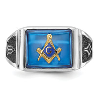 14kw Men's Textured w/ Black Enamel & Imit. Blue Spinel Masonic Ring-Y4109M