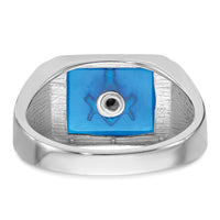 14kw Men's Textured w/ Black Enamel & Imit. Blue Spinel Masonic Ring-Y4109M