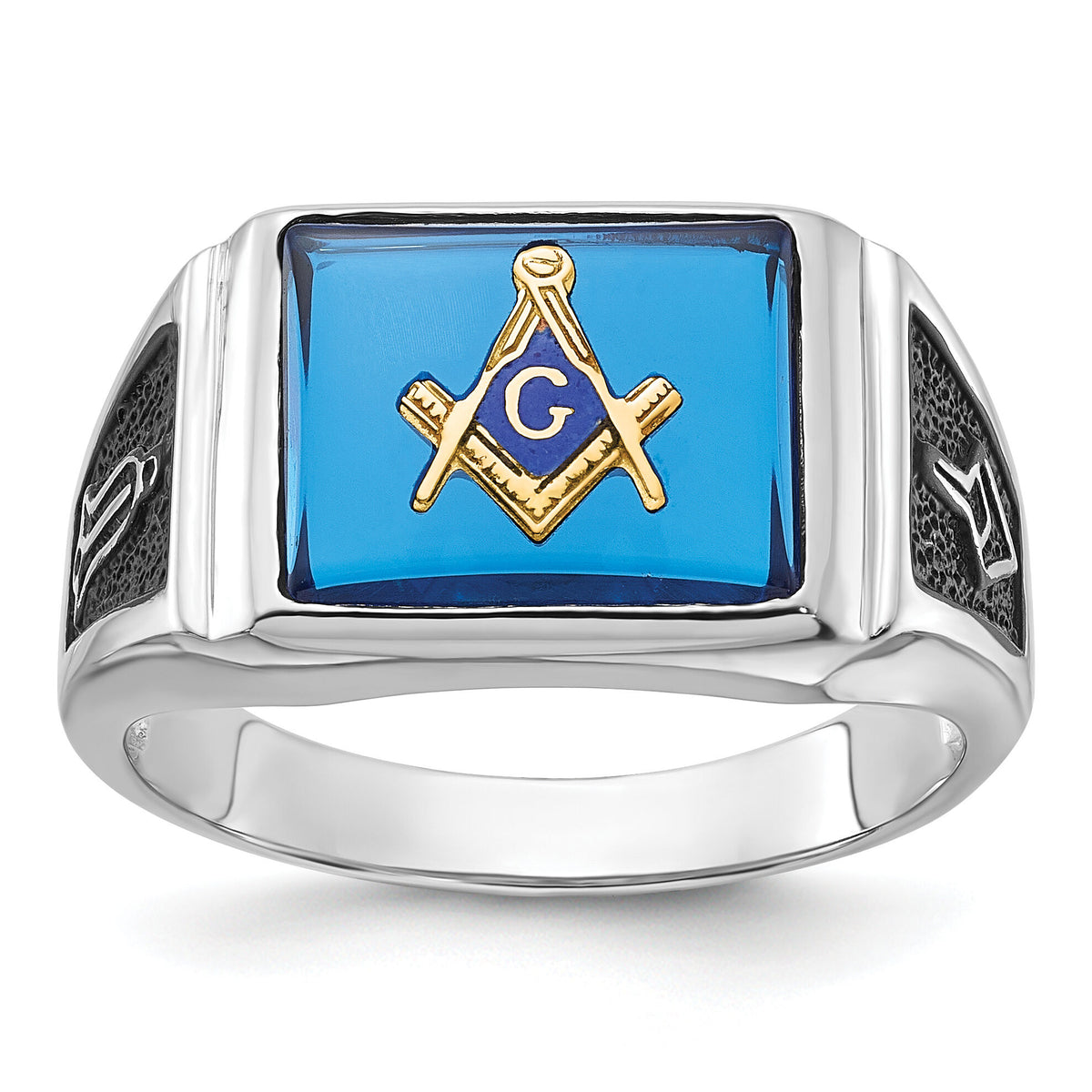 14kw Men's Textured w/ Black Enamel & Imit. Blue Spinel Masonic Ring-Y4109M