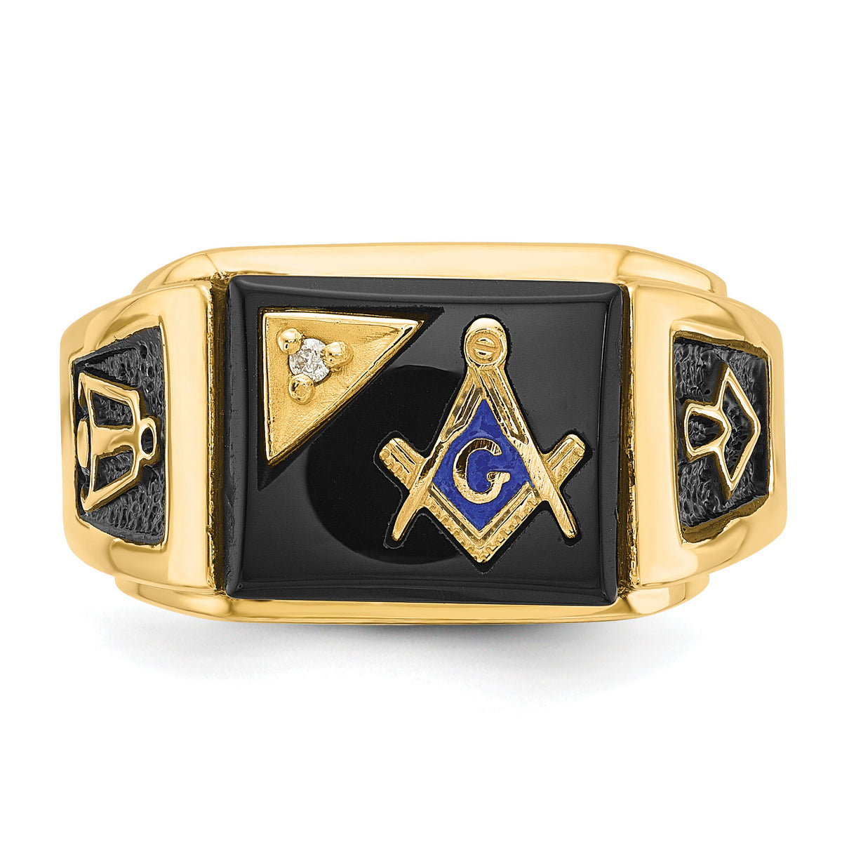 14k Men's Textured w/ Black Enamel, Onyx & Diamond Masonic Ring-Y4110AA