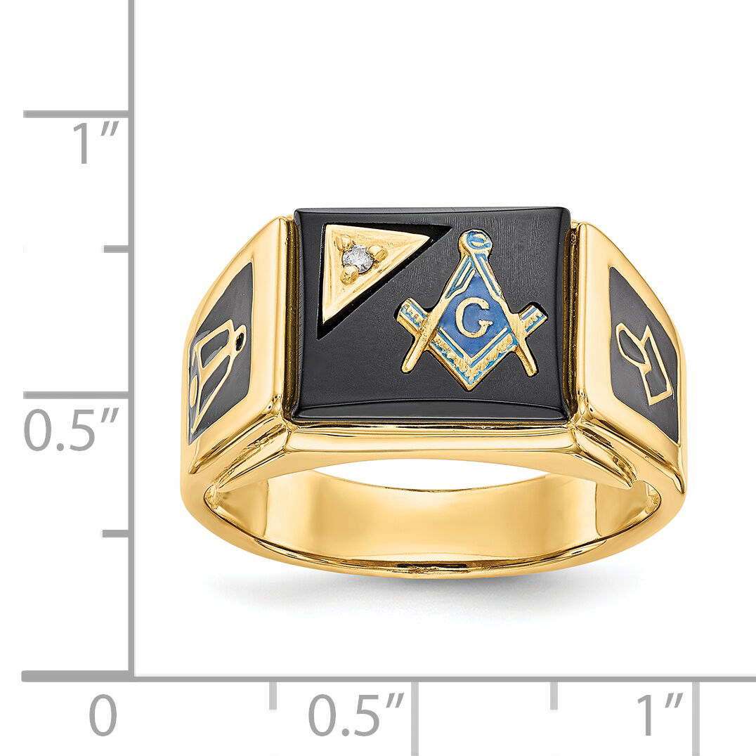 14k Men's Textured w/ Black Enamel, Onyx & Diamond Masonic Ring-Y4110MAA