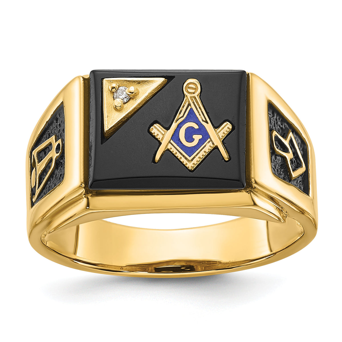 14k Men's Textured w/ Black Enamel, Onyx & Diamond Masonic Ring-Y4110MAA