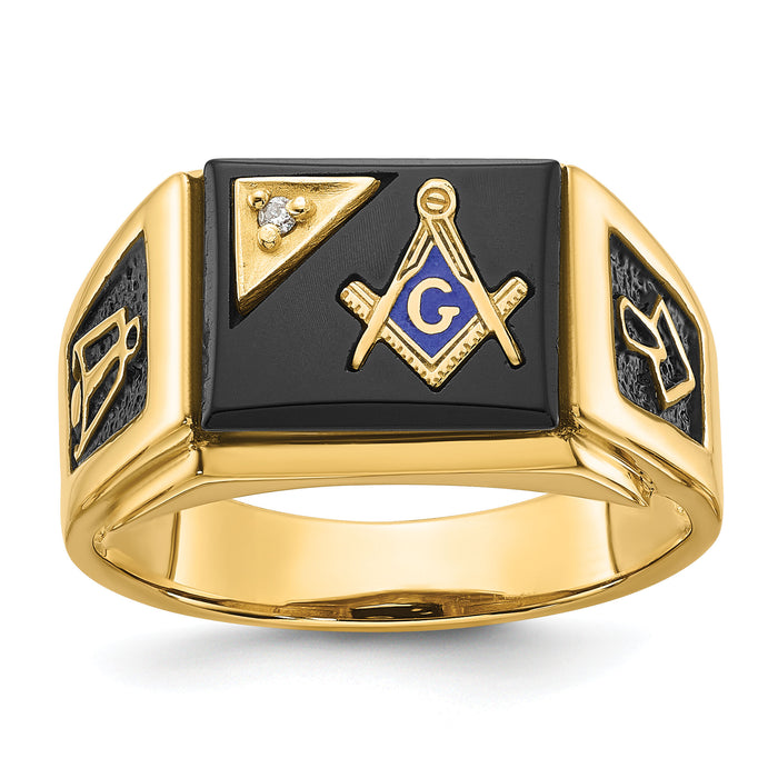 14k Men's Textured w/ Black Enamel, Onyx & Diamond Masonic Ring-Y4110MAA
