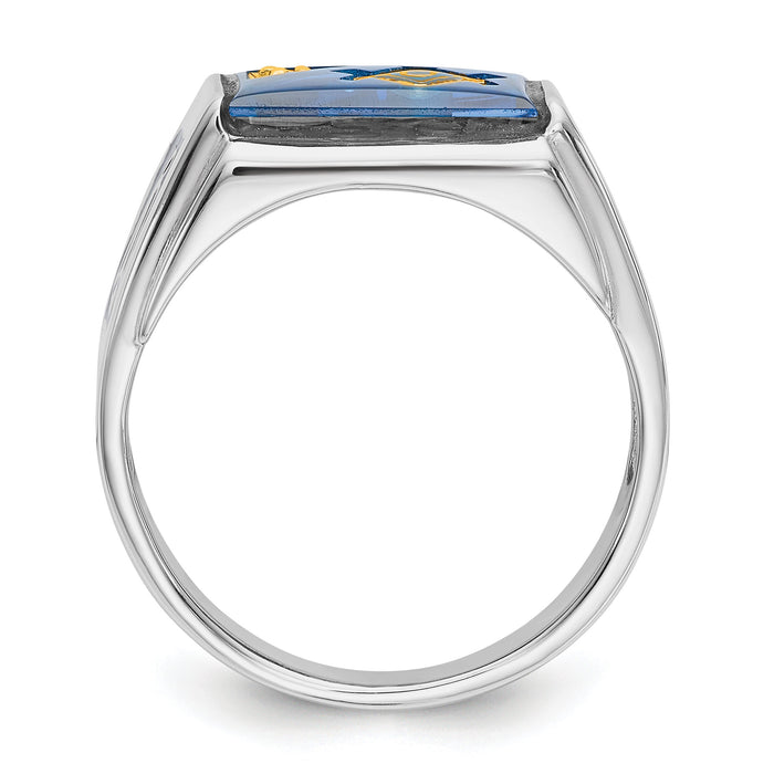 14kw Men's Textured, Enameled Dia Imit. Blue Spinel Masonic Ring-Y4111MAA