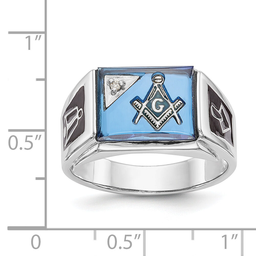 14kw Men's Textured, Enameled Dia Imit. Blue Spinel Masonic Ring-Y4111AA