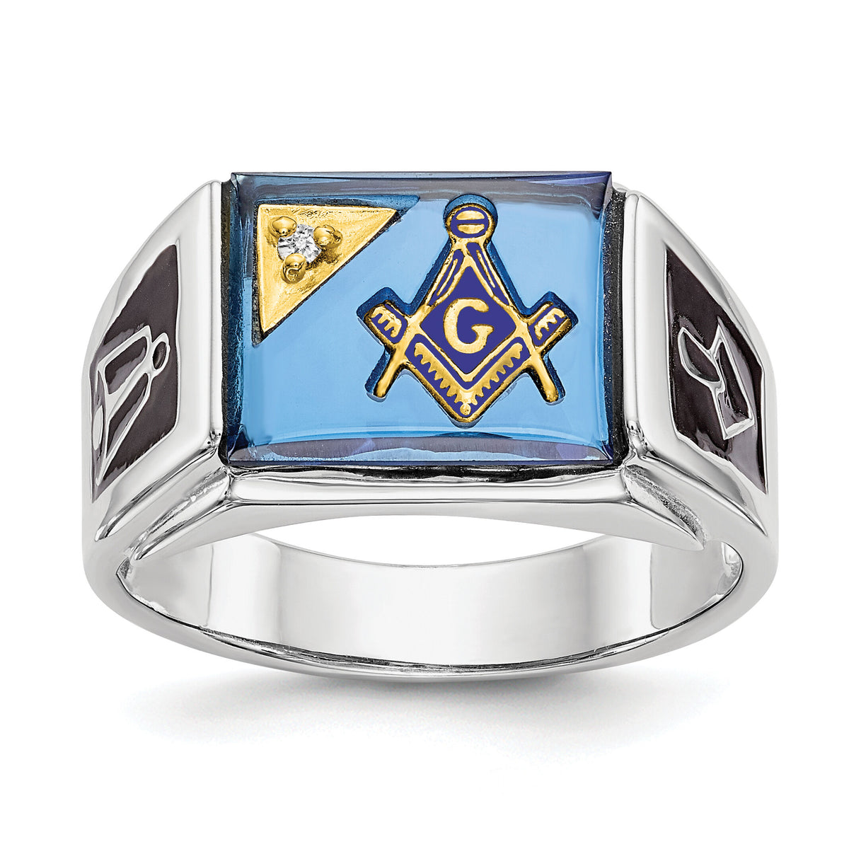 14kw Men's Textured, Enameled Dia Imit. Blue Spinel Masonic Ring-Y4111MAA