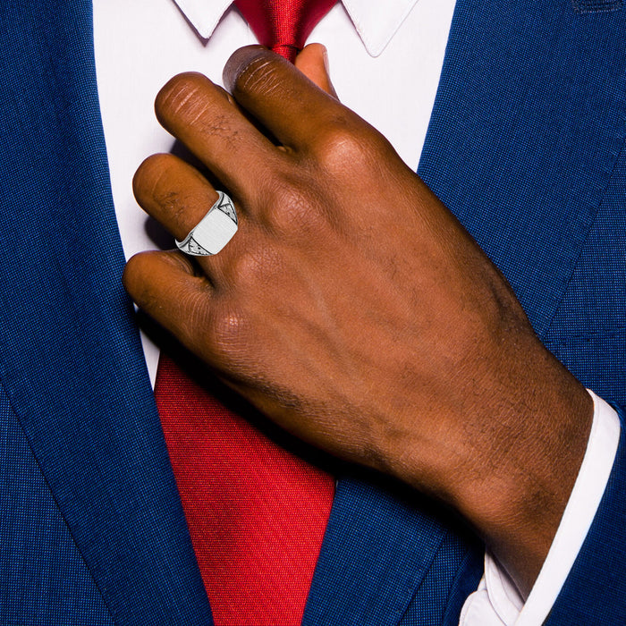 14k White Gold 11.5x11.0mm Closed Back Antiqued Mens Signet Ring-Y4138