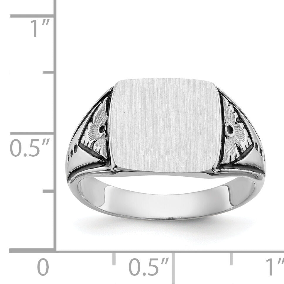 14k White Gold 11.5x11.0mm Closed Back Antiqued Mens Signet Ring-Y4138