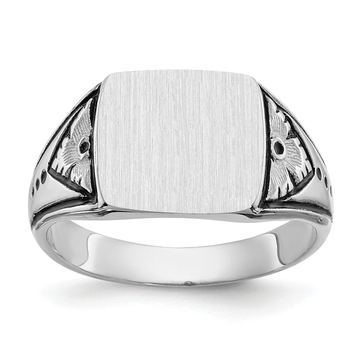 14k White Gold 11.5x11.0mm Closed Back Antiqued Mens Signet Ring-Y4138