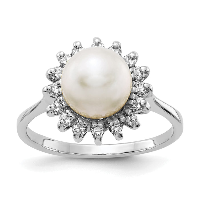 14k White Gold 7.5mm FW Cultured Pearl AA Diamond Ring-Y4379PL/AA
