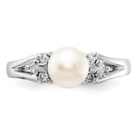 14k White Gold 6mm FW Cultured Pearl AA Diamond ring-Y4389PL/AA