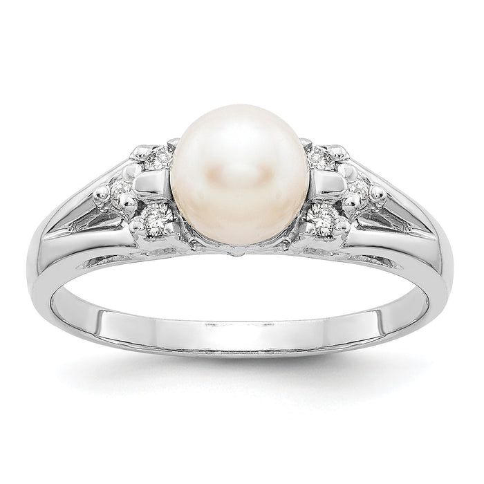 14k White Gold 6mm FW Cultured Pearl AA Diamond ring-Y4389PL/AA
