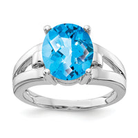 14k White Gold 11x9mm Oval Blue Topaz Checker ring-Y4547BC