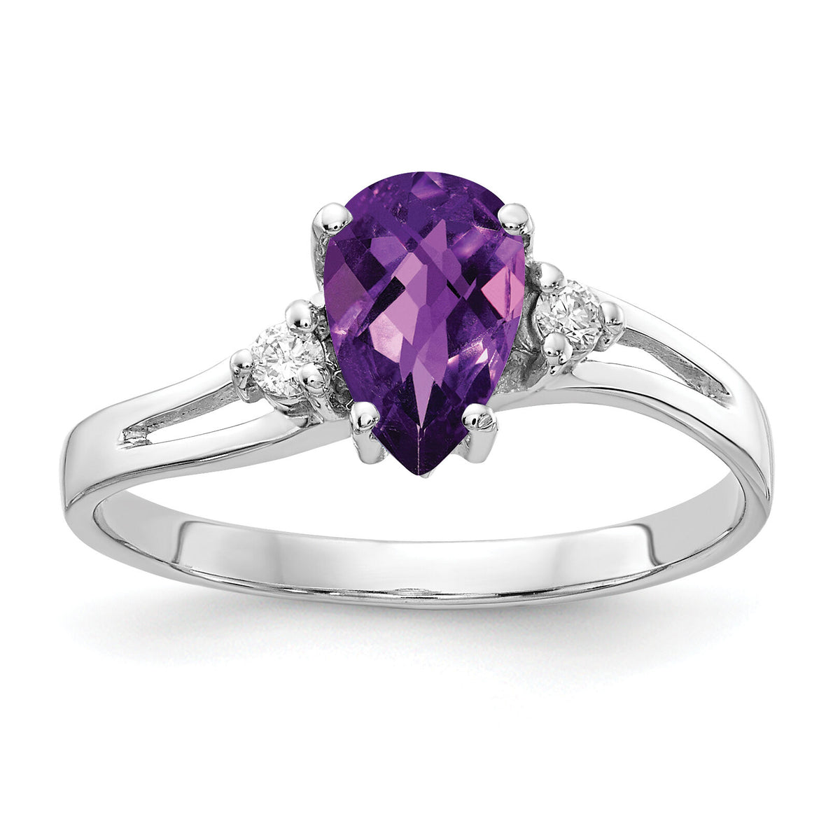 14k White Gold 7x5mm Pear Amethyst Checker AA Diamond ring-Y4626AC/AA