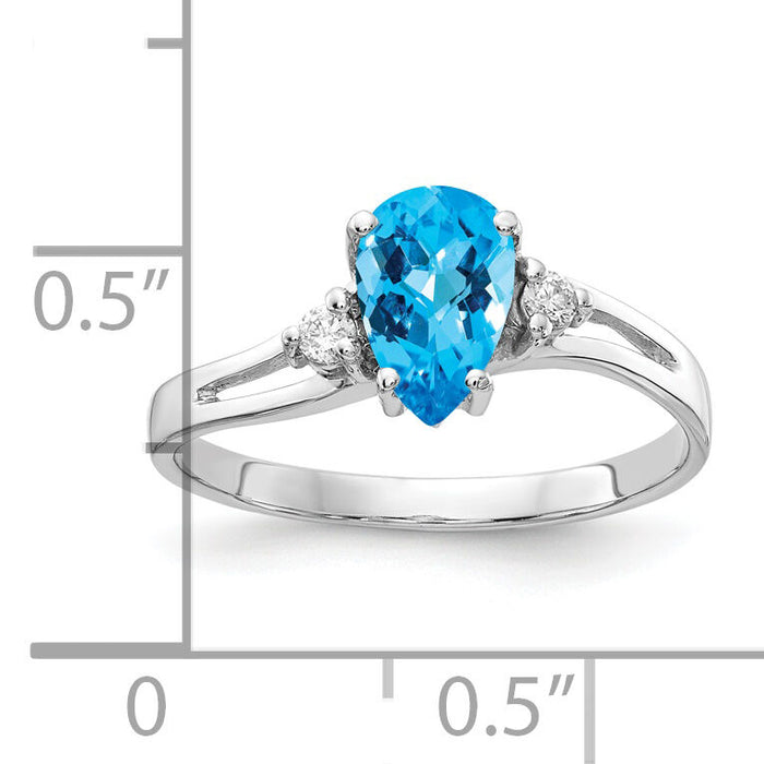 14k White Gold 7x5mm Pear Blue Topaz Checker AA Diamond ring-Y4626BC/AA