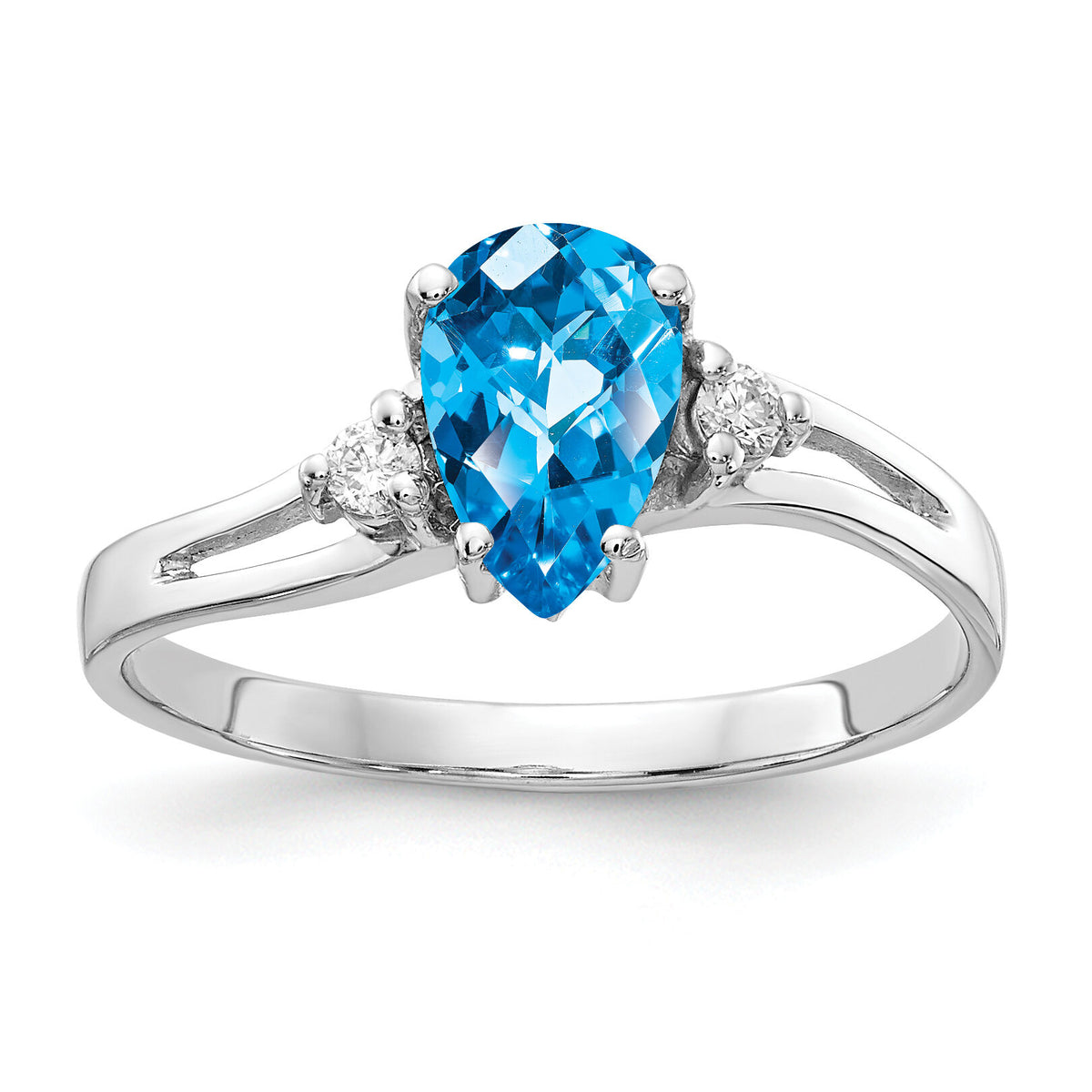 14k White Gold 7x5mm Pear Blue Topaz Checker AA Diamond ring-Y4626BC/AA
