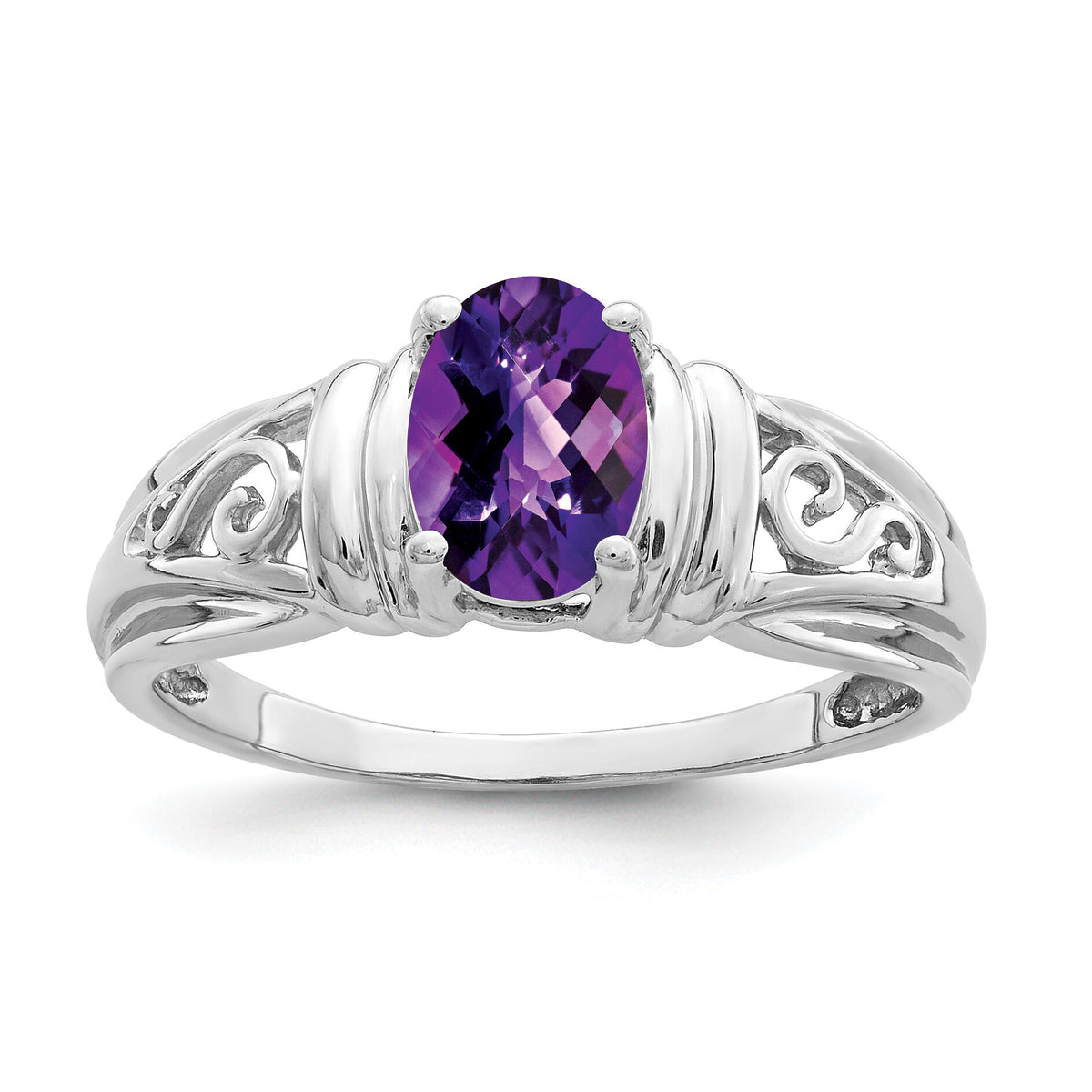 14k White Gold 7x5mm Oval Amethyst Checker ring-Y4686AC
