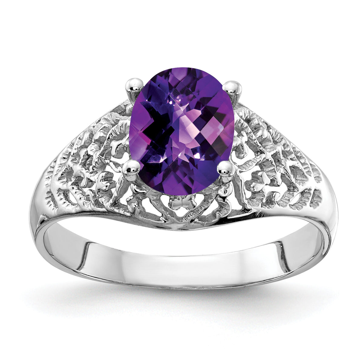 14k White Gold 8x6mm Oval Amethyst Checker ring-Y4697AC