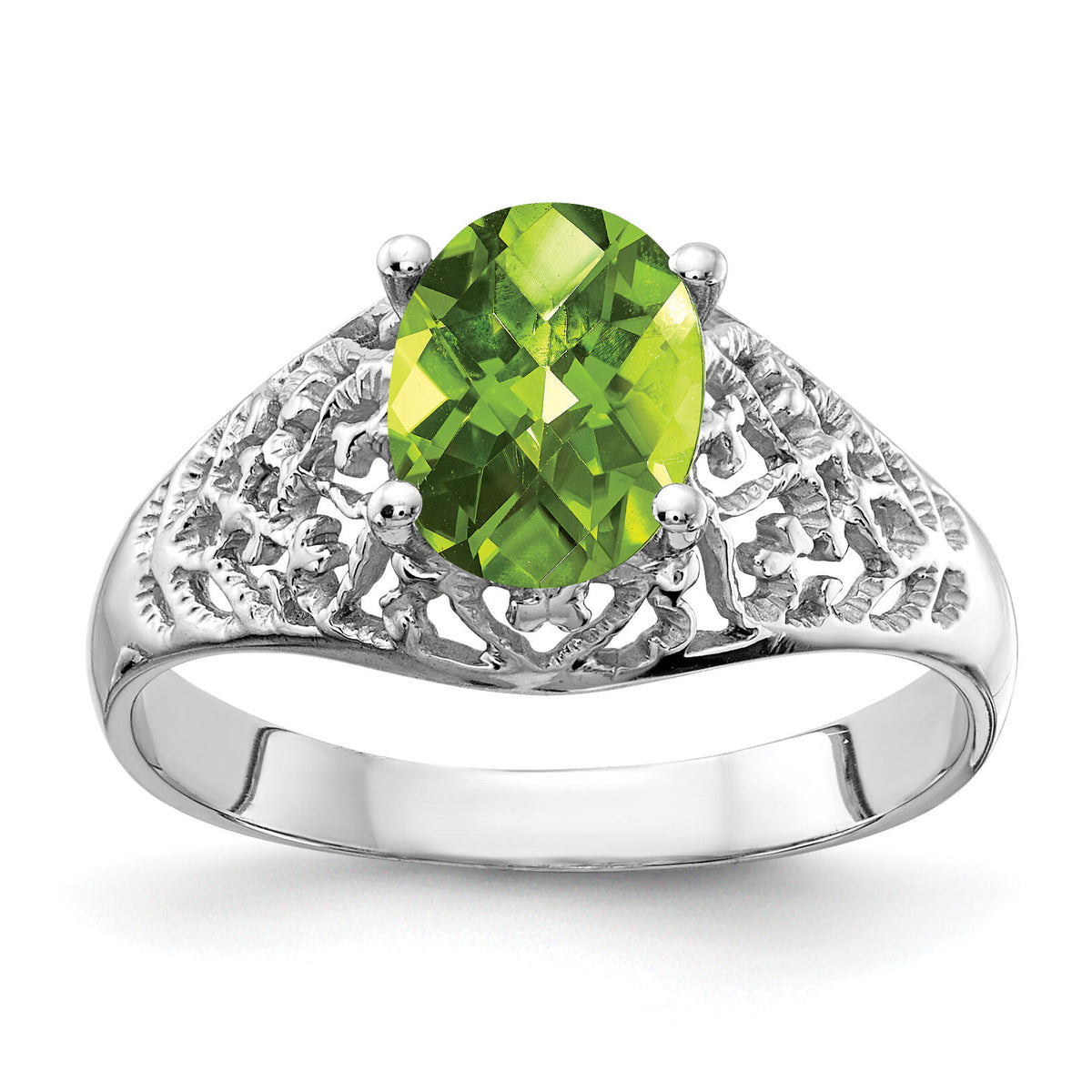14k White Gold 8x6mm Oval Peridot Checker ring-Y4697PC