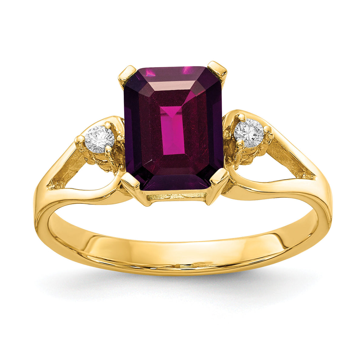 14k 8x6mm Emerald Cut Rhodolite Garnet AA Diamond ring-Y4749RG/AA