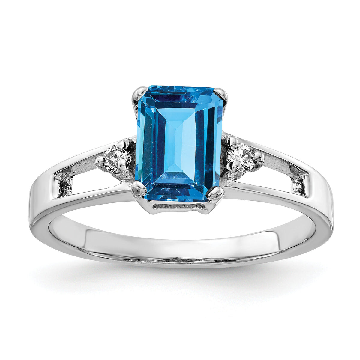 14k White Gold 7x5mm Emerald Cut Blue Topaz AA Diamond ring-Y4758BT/AA