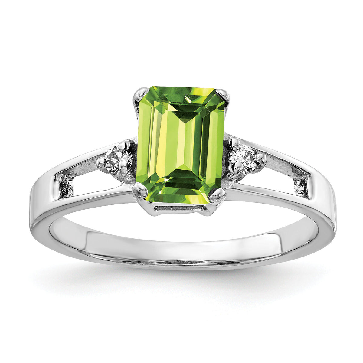 14k White Gold 7x5mm Emerald Cut Peridot AA Diamond ring-Y4758PE/AA