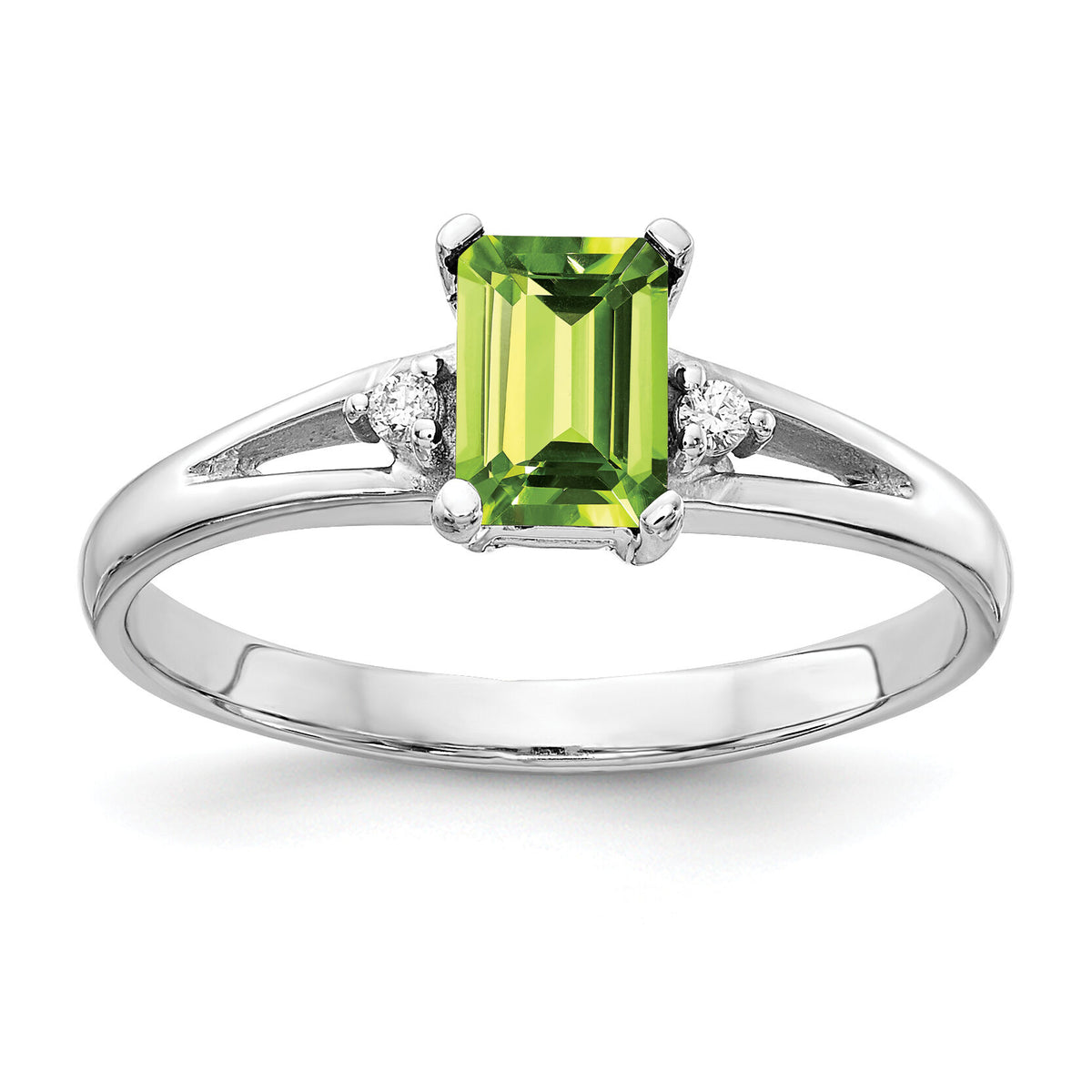 14k White Gold 6x4mm Emerald Cut Peridot AA Diamond ring-Y4762PE/AA