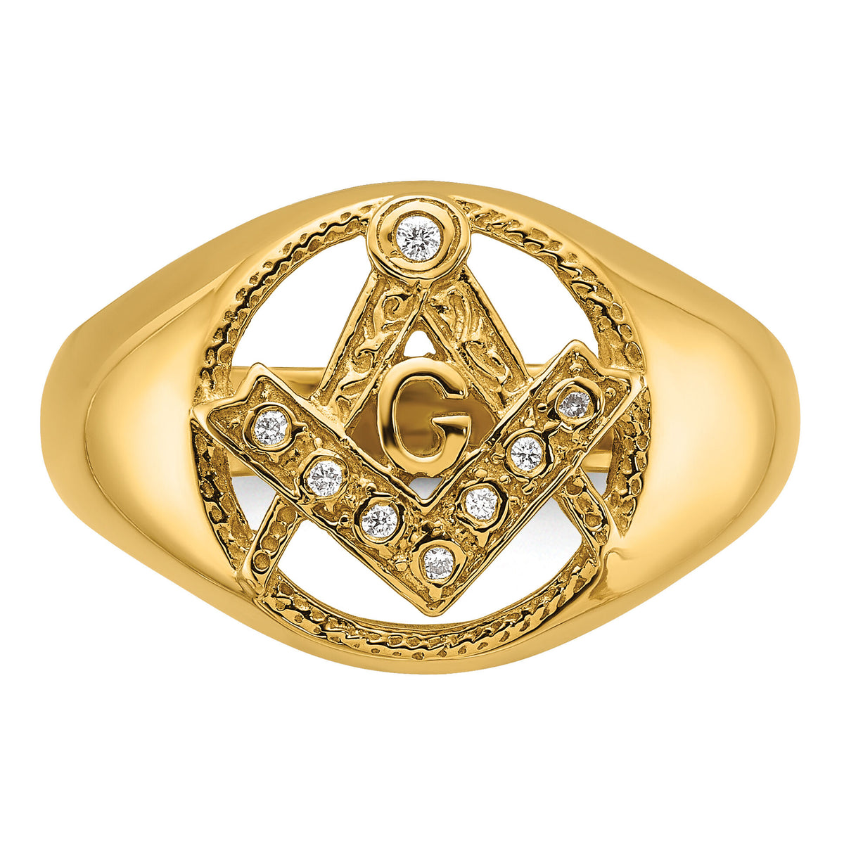 14k Men's Polished and Textured AA Quality Diamond Masonic Ring-Y7232AA