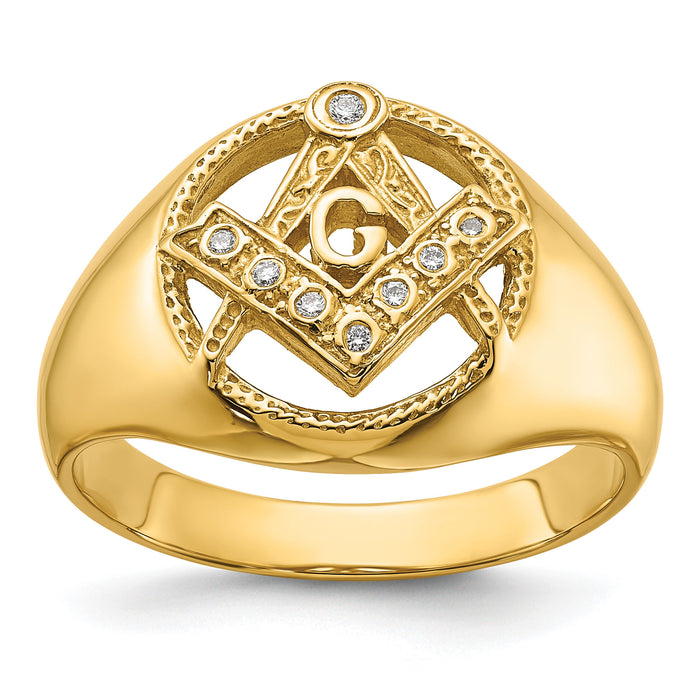 14k Men's Polished and Textured AA Quality Diamond Masonic Ring-Y7232AA