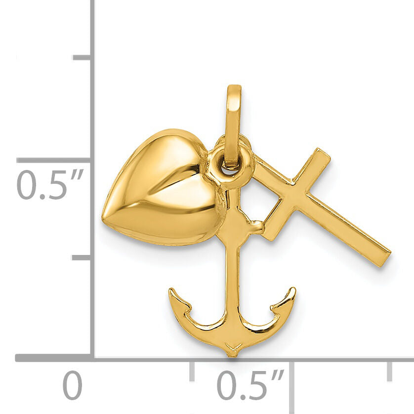 14K Polished Heart Cross Anchor Pendant-YC1067