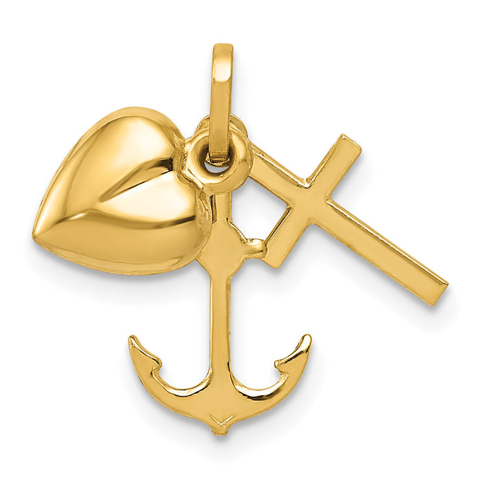 14K Polished Heart Cross Anchor Pendant-YC1067