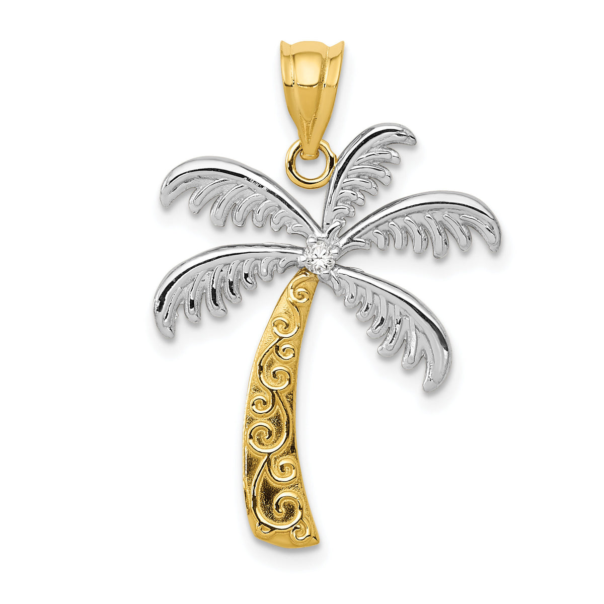 14K w/Rhodium Diamond Palm Tree Pendant-YC1112
