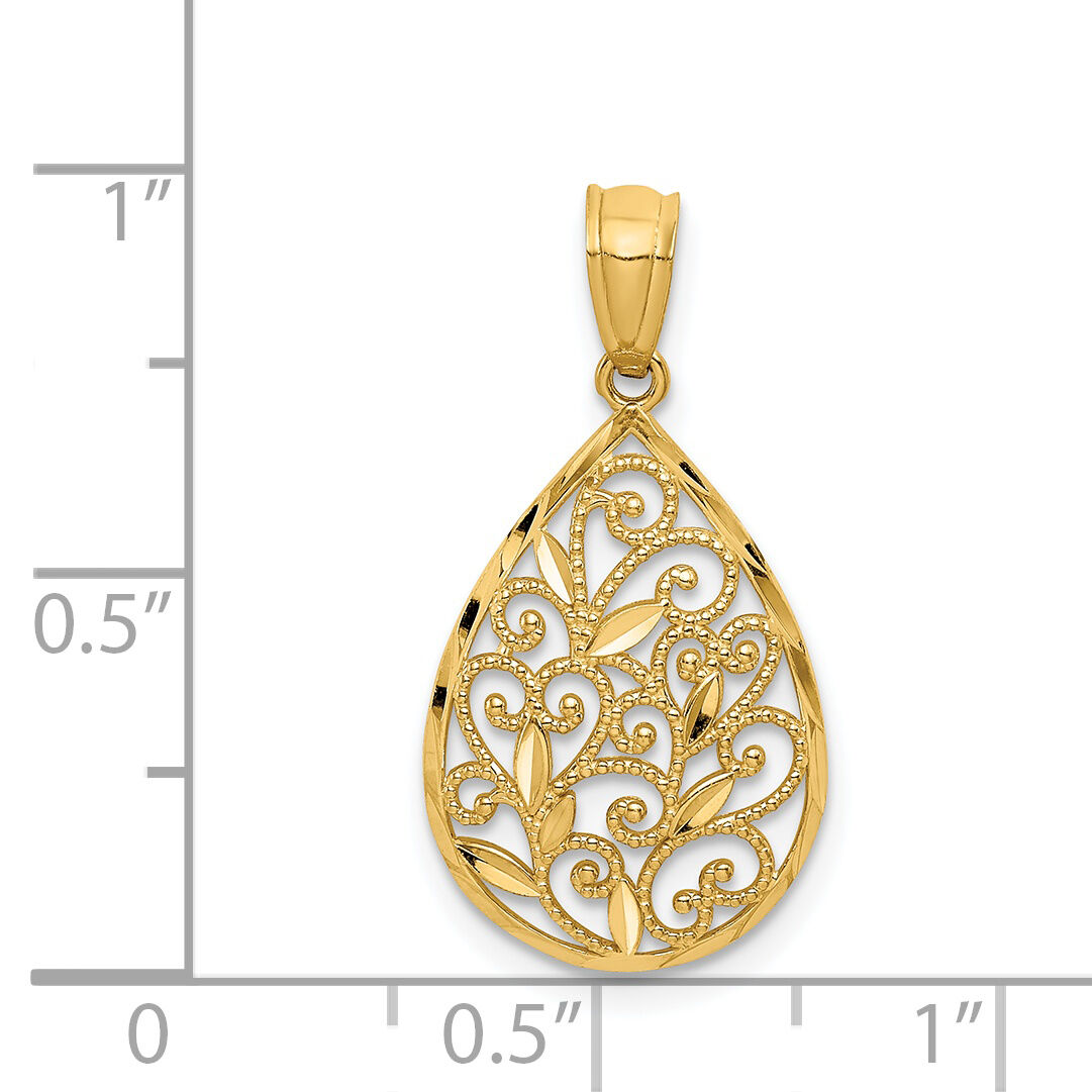 14K Gold Polished and Textured Small Filigree Teardrop Pendant-YC1234