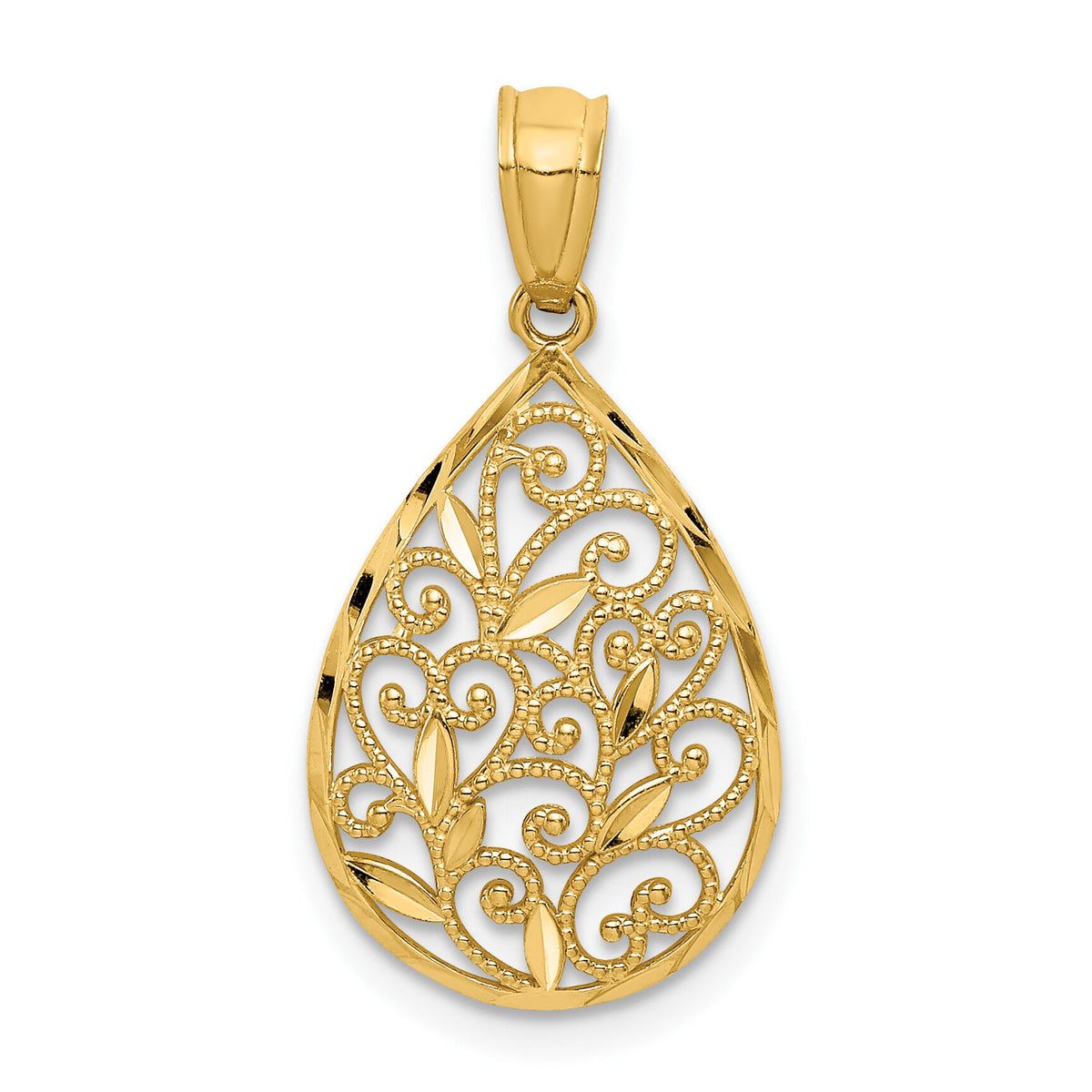 14K Gold Polished and Textured Small Filigree Teardrop Pendant-YC1234